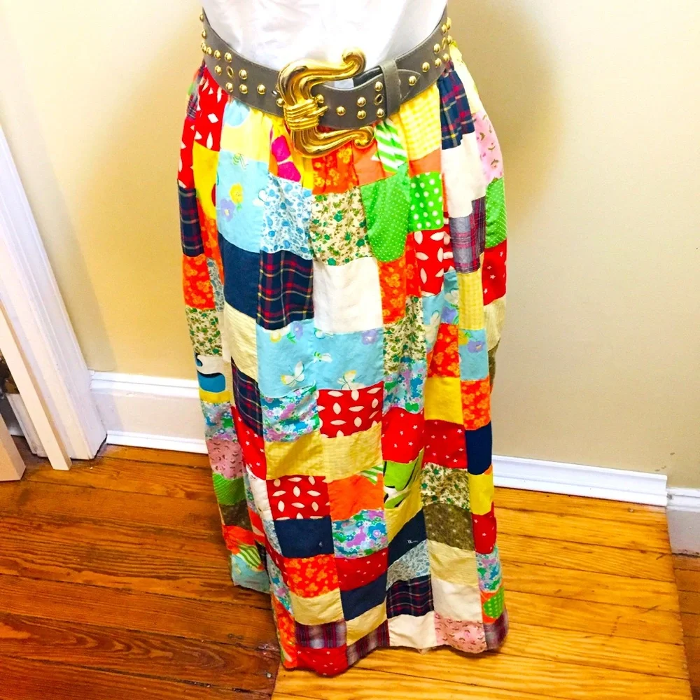 VINTAGE Handmade sz S-M patch maxi skirt